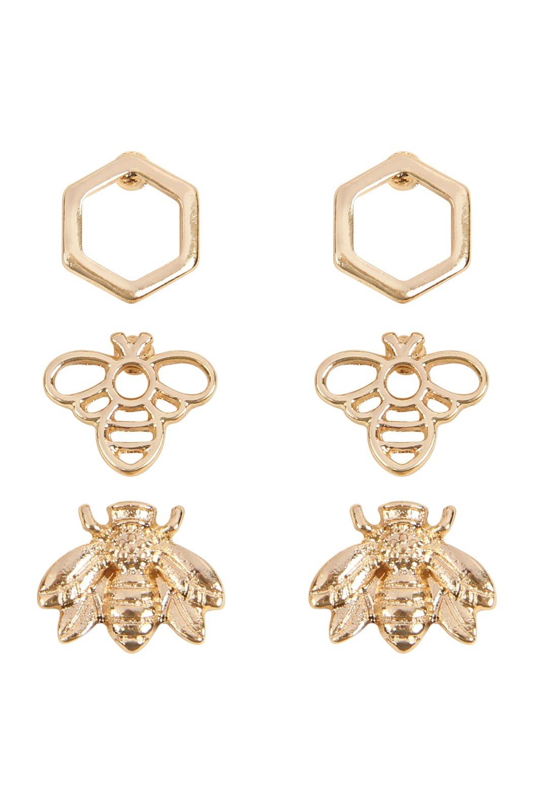 Riah Fashion - Bee 3 Set Metal Earrings - 2 FINISHES -