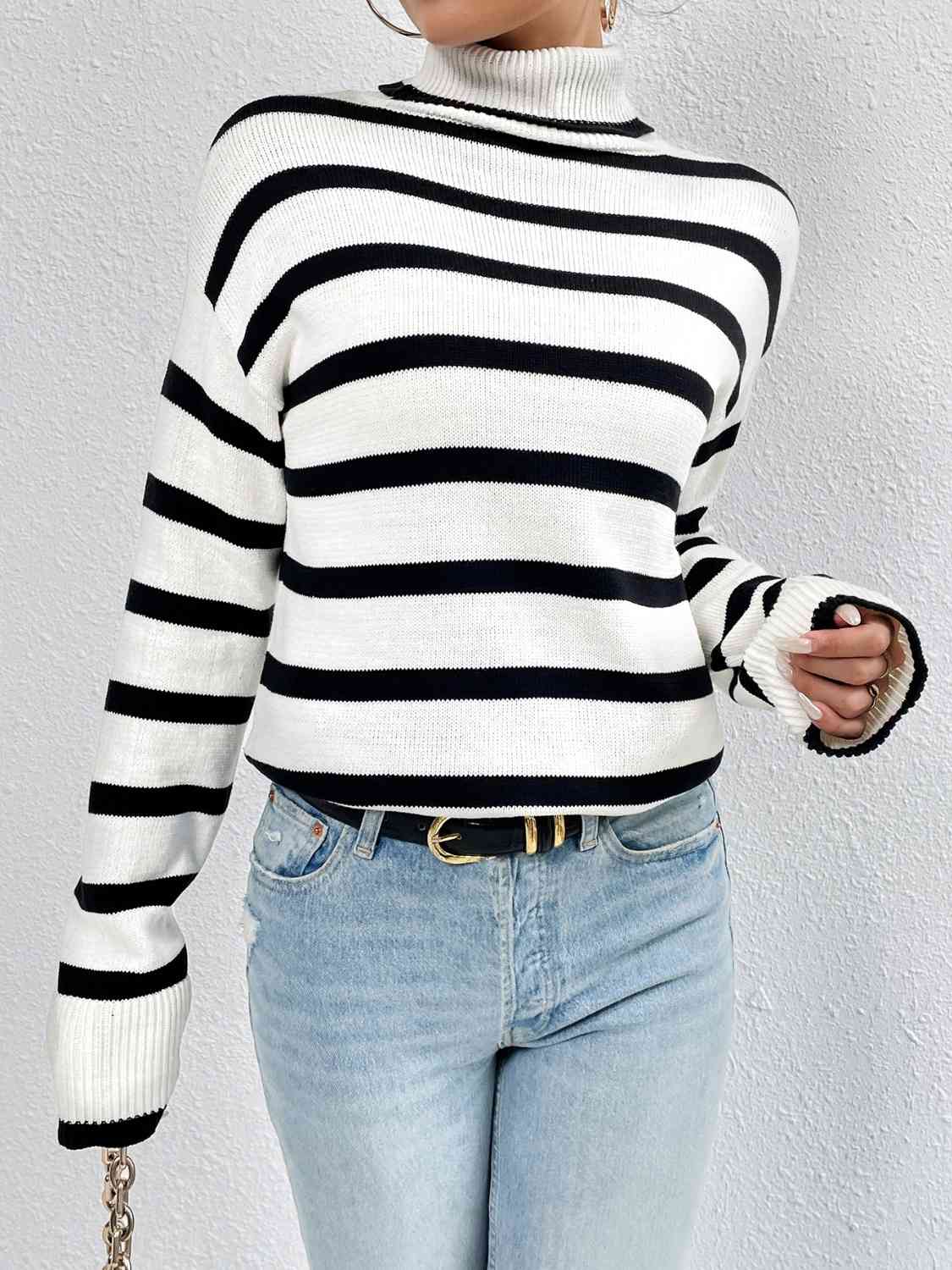 Striped Turtleneck Drop Shoulder Sweater - T - 3 COLORS -