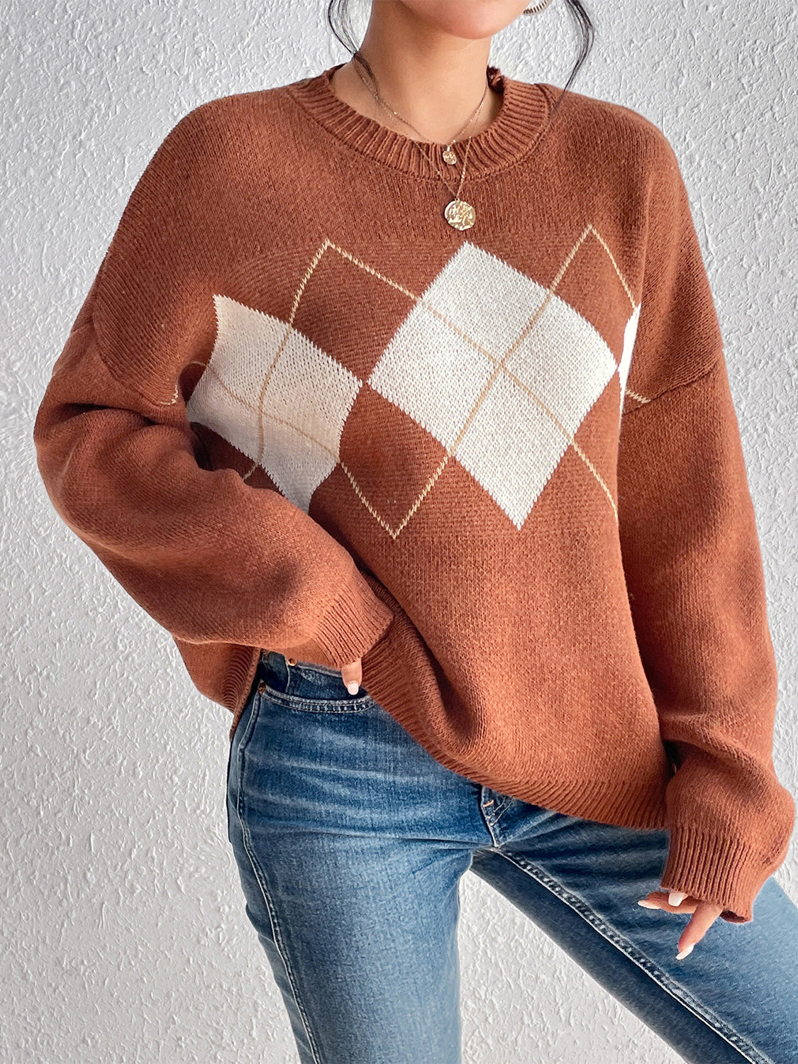 Geometric Dropped Shoulder Sweater - T - 1 COLOR -