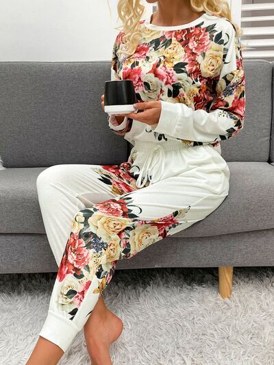 Printed Round Neck Top and Drawstring Pants Lounge Set - 2 PCS. - T - 1 COLOR -