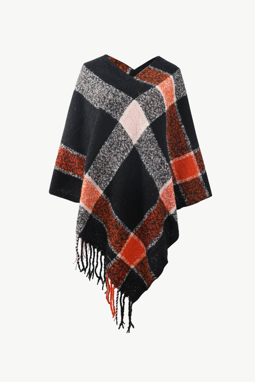 Plaid Fringe Detail Poncho - T - 7 COLORS -