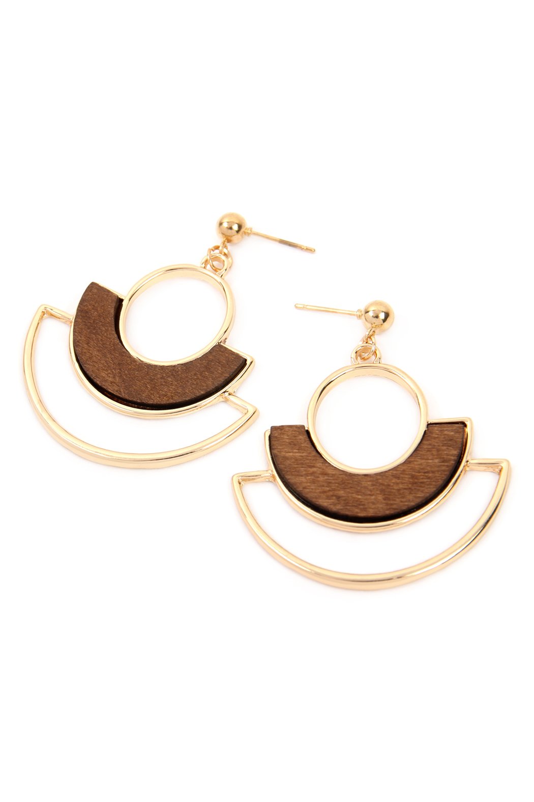 Cast Metal Fan Shape With Wood Inset Dangle Earrings -