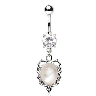 Ornate White Cat's Eye Dangle Navel Belly Ring -