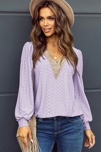 Thumbnail for Eyelet V-Neck Long Sleeve Blouse - T - 7 COLORS -