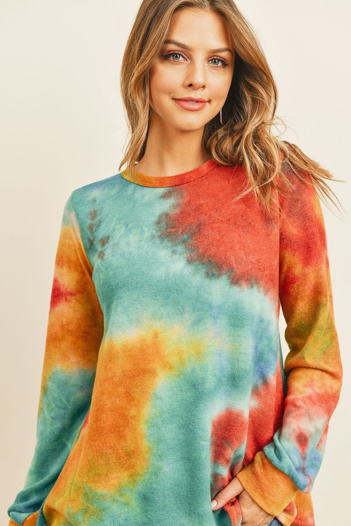 Riah Fashion - Long Sleeve Boat Neck Tie Dye Round Hem Top - 3 COLORS -