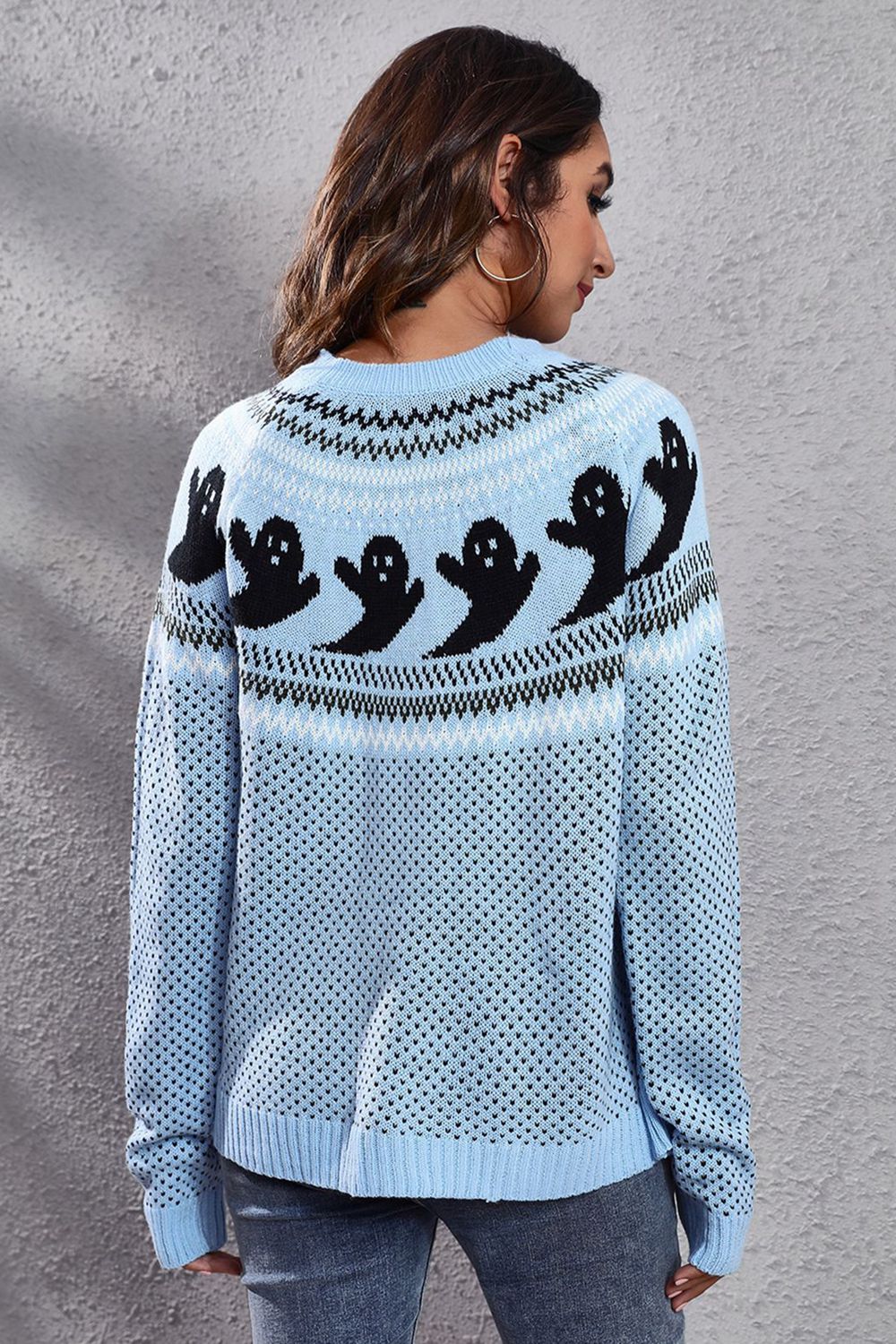 Ghost Pattern Round Neck Long Sleeve Sweater - T - 7 COLORS -