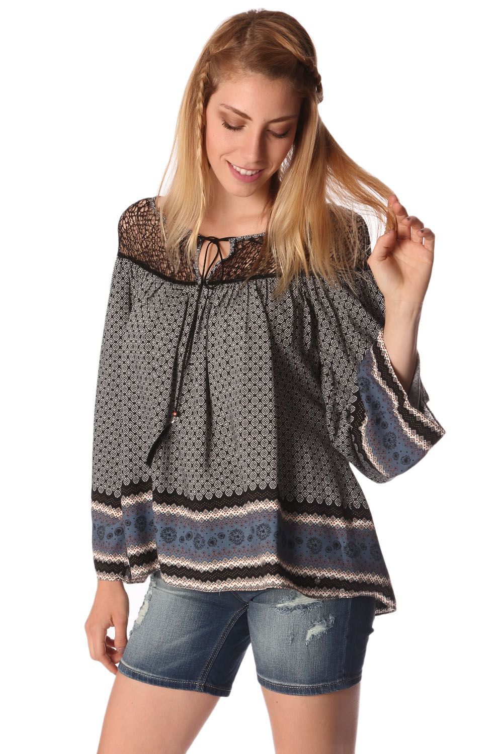 Q2 - Gray Paisley Print Blouse With Cage Detail - SM., MED. ONLY - 1 COLOR -