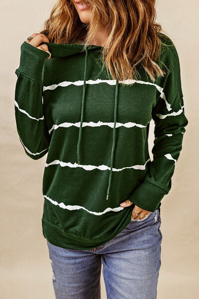 Drawstring Striped Dropped Shoulder Hoodie - T - 2 COLORS -