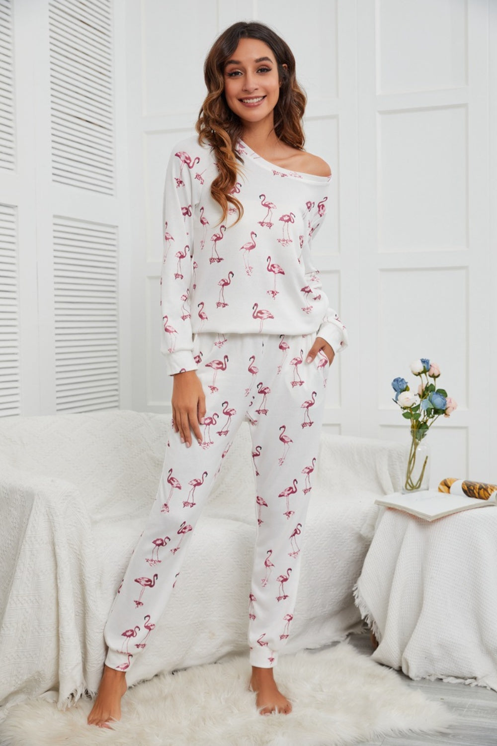 Flamingo Long Sleeve Top and Pants Lounge Set - 2 PCS. - T - 1 COLOR -