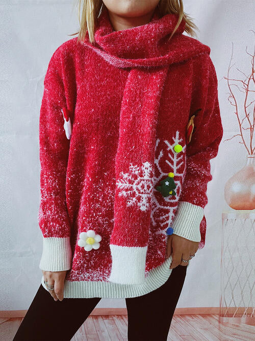 Christmas Element Round Neck Sweater and Scarf Set - UNI SIZED - 2 PCS. - T - 1 COLOR -