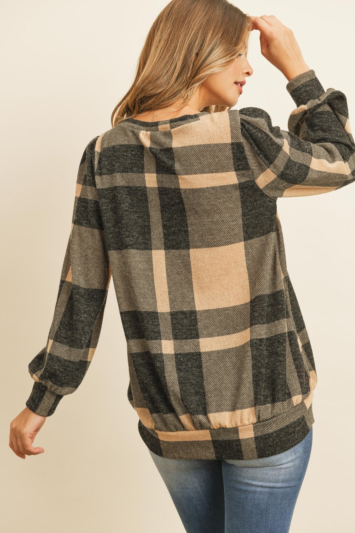 Riah Fashion - Plaid Round Neck Long Sleeve Top - 2 COLORS -