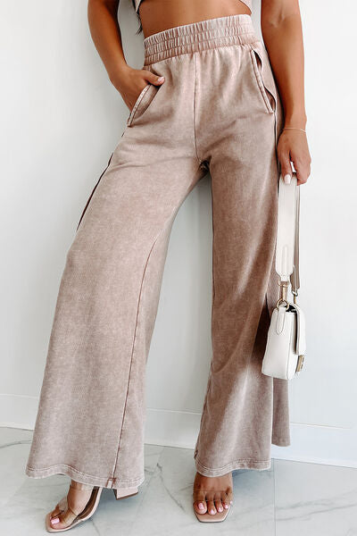 Mineral Wash Smocked Waist Wide Leg Pants - T - 2 COLORS -