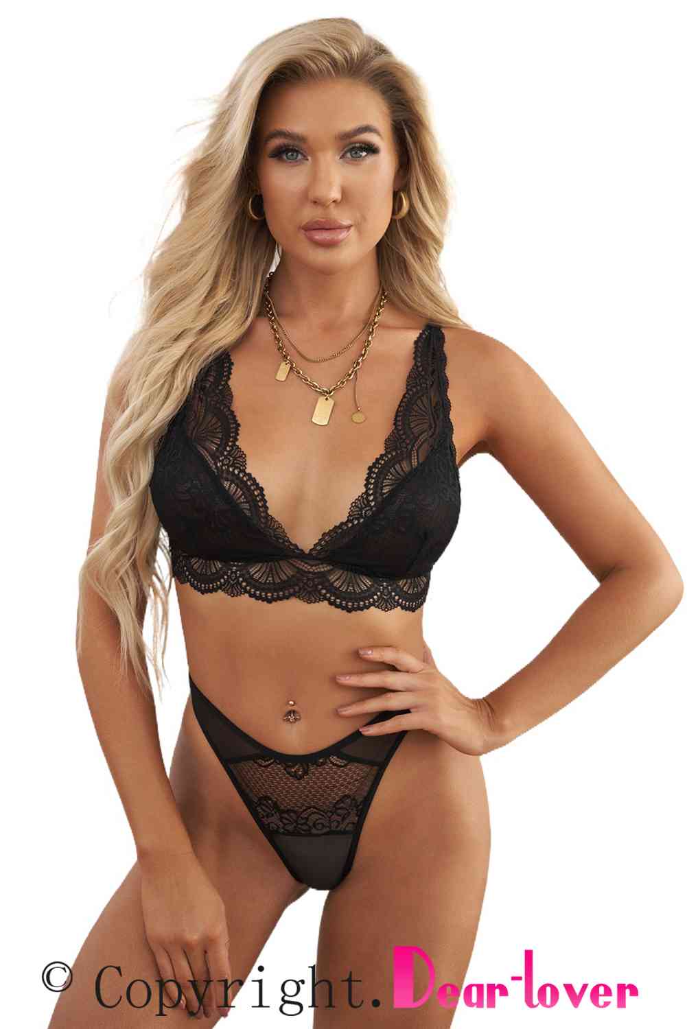 Lace Scalloped Lingerie Set - 2 PCS. - T - 1 COLOR -