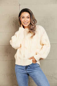 Thumbnail for Woven Right Cable-Knit Openwork Round Neck Sweater - T - 6 COLORS -