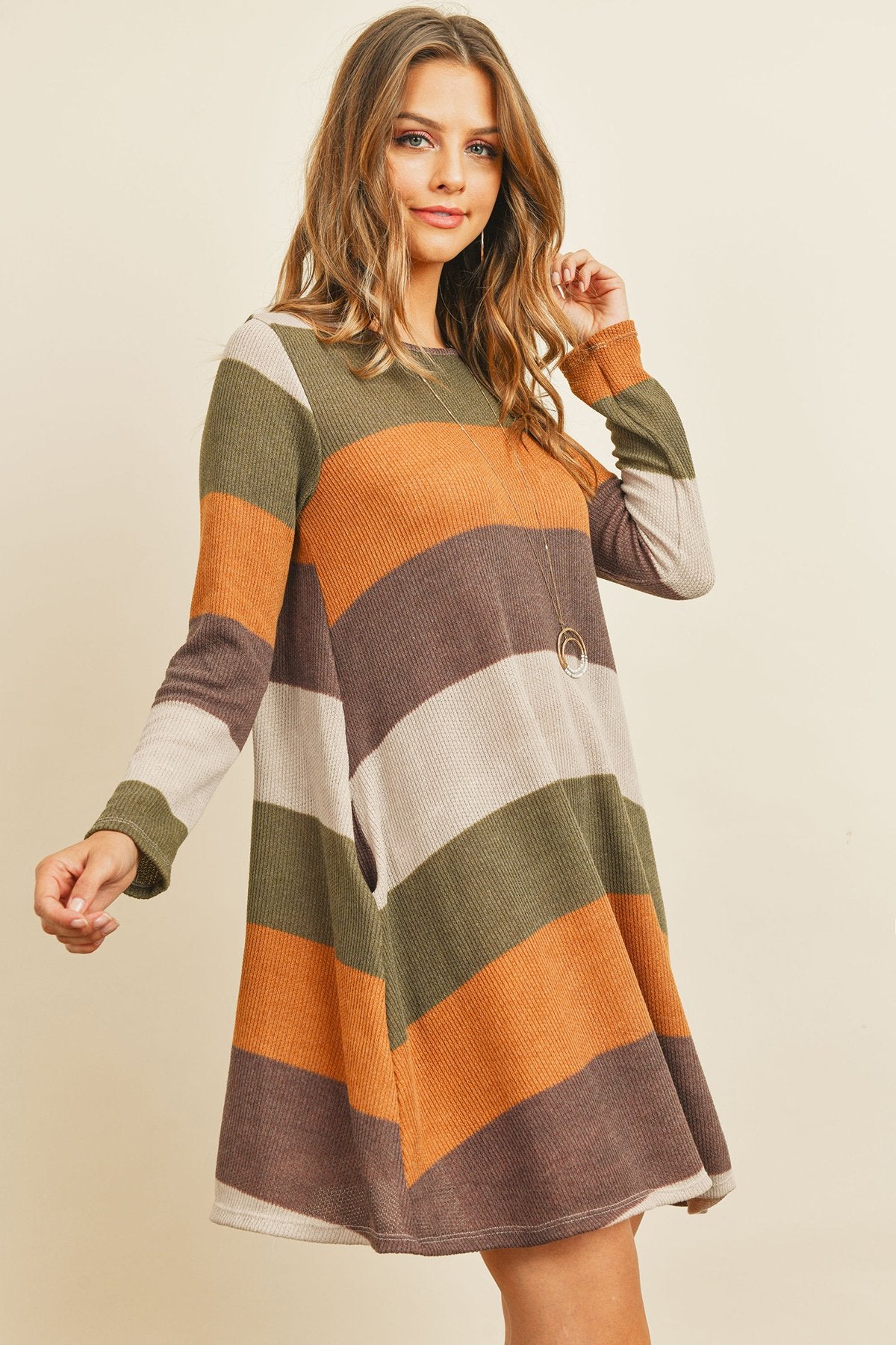 Riah Fashion - Long Sleeved Rib Stripe Pocket Dress - 3 COLORS -