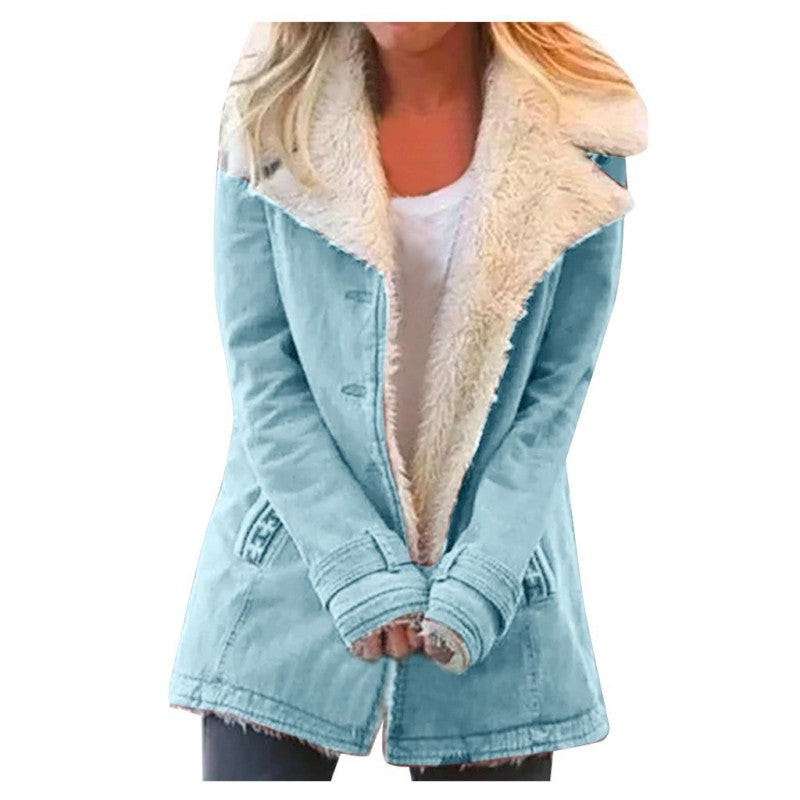 Autumn and winter solid color plush lapel mid-length coat - K - 9 COLORS -