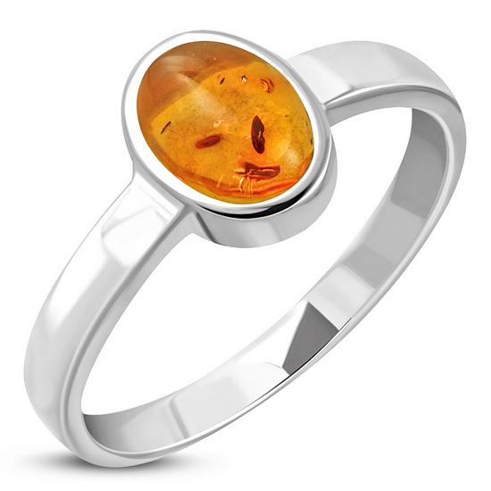 Creidne - Simple Sterling Silver Baltic Amber Ring - 12 SIZES -