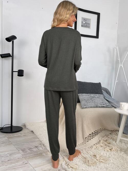 Round Neck Top and Drawstring Pants Lounge Set - 2 PCS. - T - 4 COLORS -