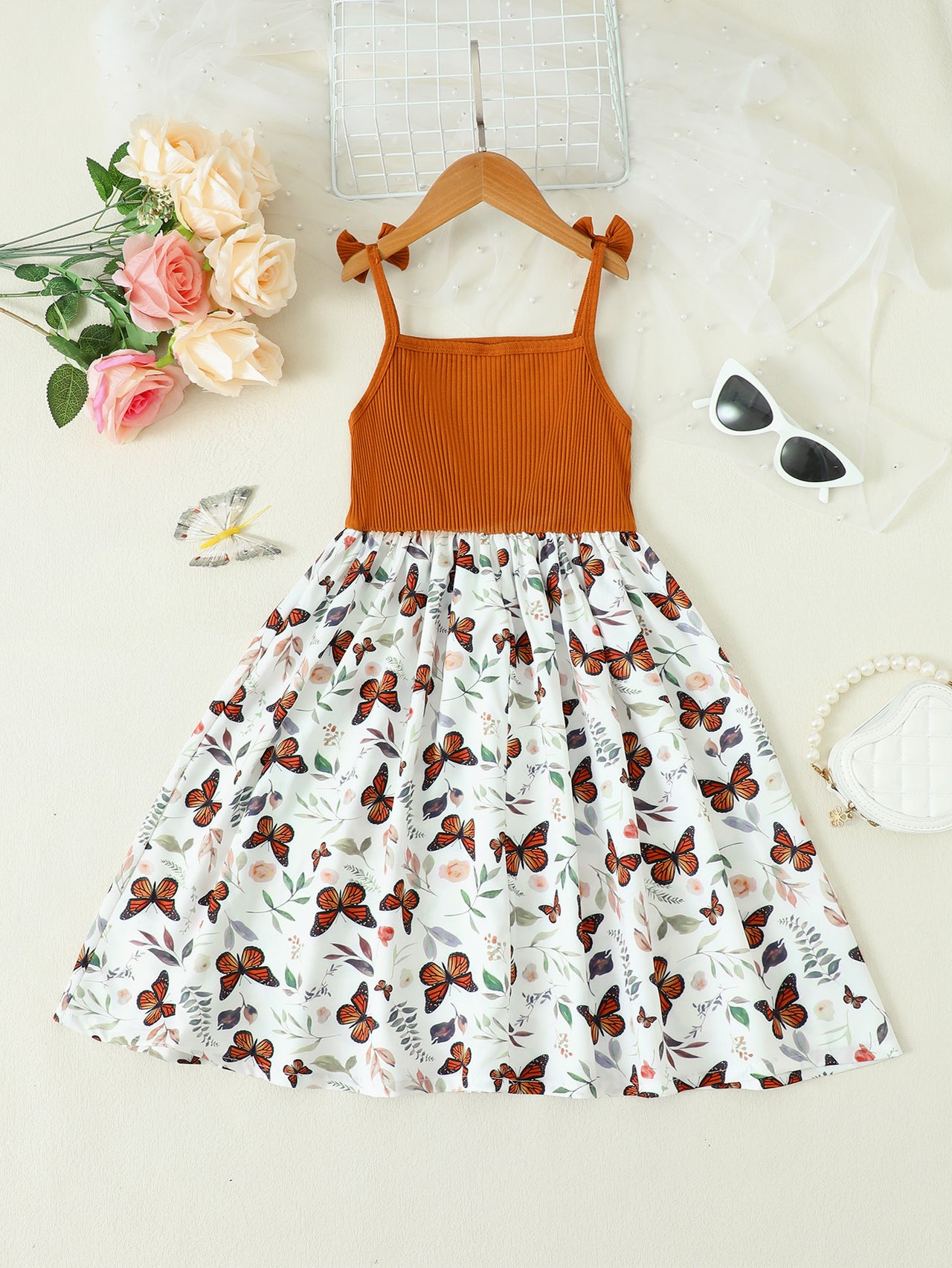 Butterfly Print Bow Detail Dress - T - 4 SIZES - 2 COLORS -