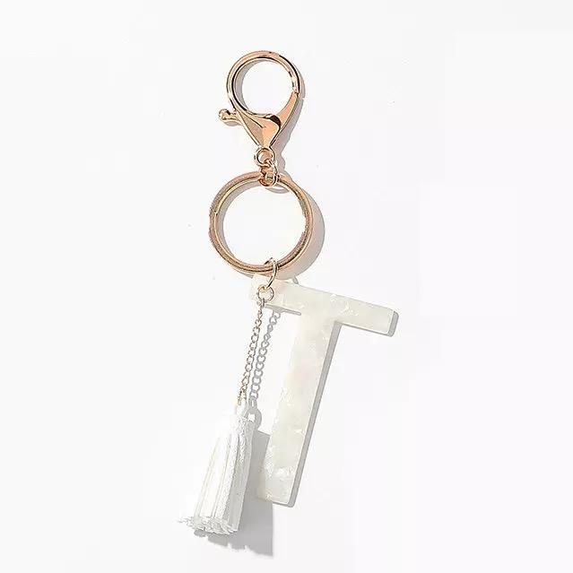 Tasseled Initial Key Chain, White - 22 INITIALS -