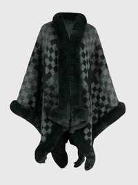 Thumbnail for Checkered Faux Fur Trim Poncho - T - 5 COLORS -