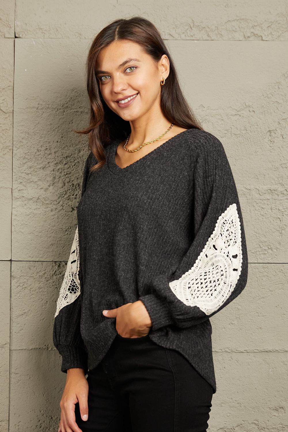 Sew In Love Full Size Lace Patch Detail Sweater - T - 1 COLOR -