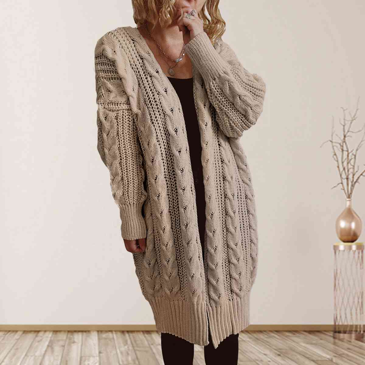 Cable-Knit Open Front Dropped Shoulder Cardigan - T - 6 COLORS -