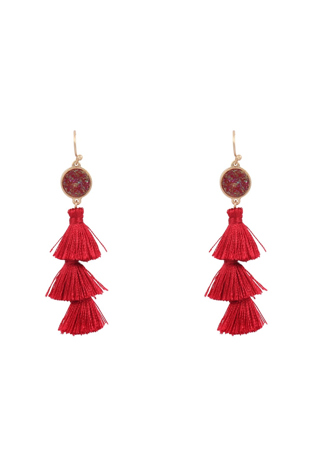 Faux Druzy With Triple Mini Layered Tassel Hook Earrings - 8 COLORS -