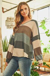 Thumbnail for Riah Fashion - Rib Multicolor Stripes V-Neck Puff Sleeves Top - 3 COLORS -