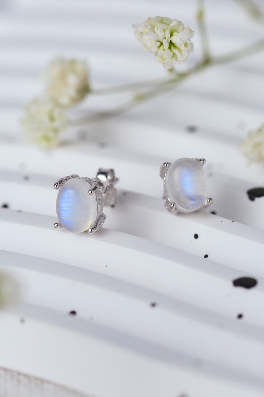 High Quality Natural Moonstone 925 Sterling Silver Stud Earrings - T - 2 FINISHES -