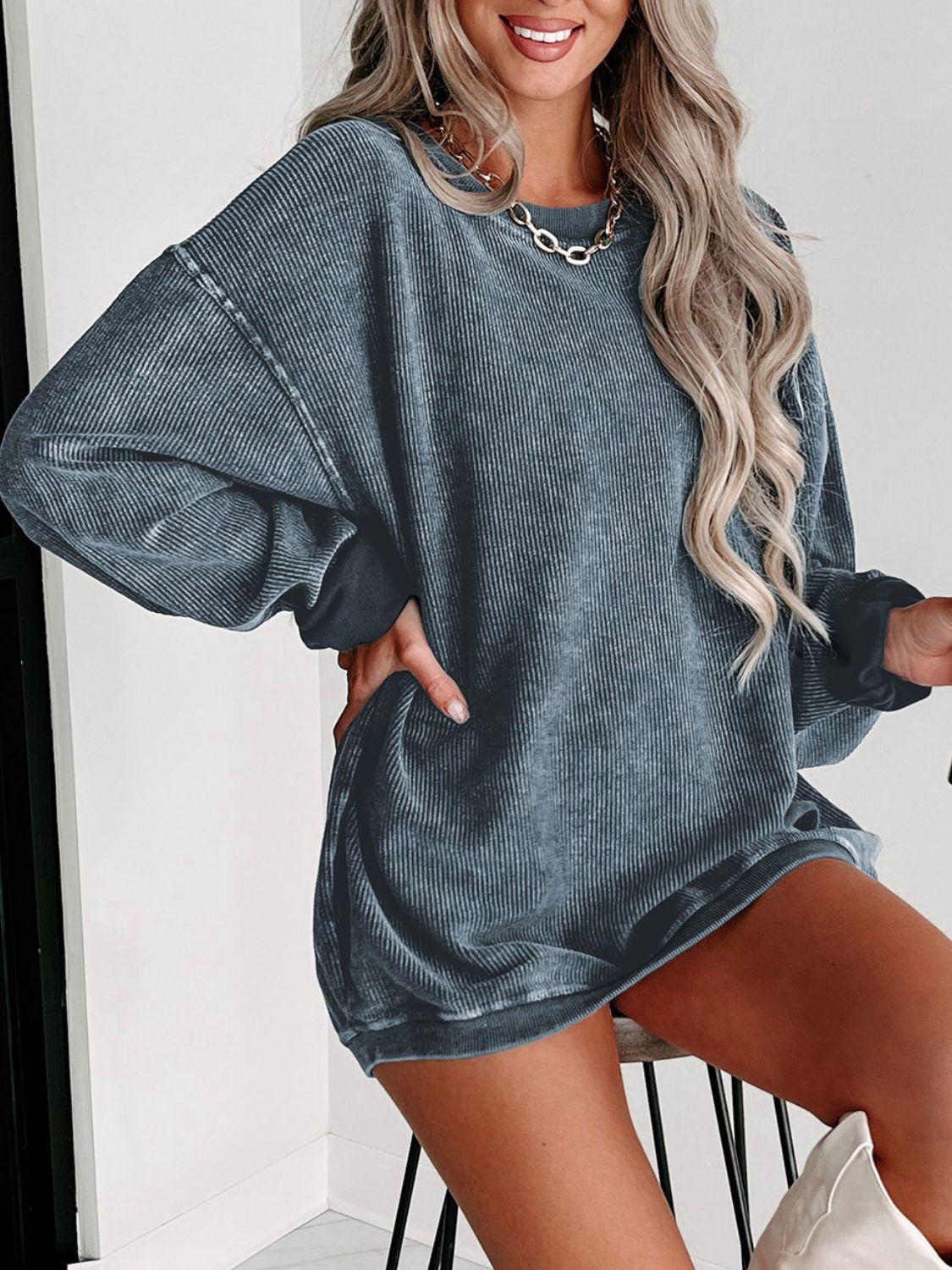 Round Neck Dropped Shoulder Sweatshirt - T - 1 COLOR -