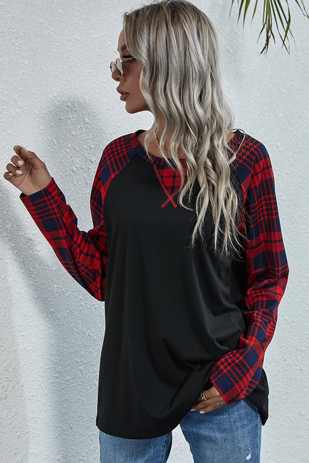 Plaid Print Long Raglan Sleeve Tee - T - 1 COLOR -