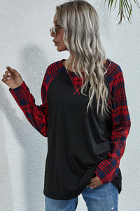 Thumbnail for Plaid Print Long Raglan Sleeve Tee - T - 1 COLOR -