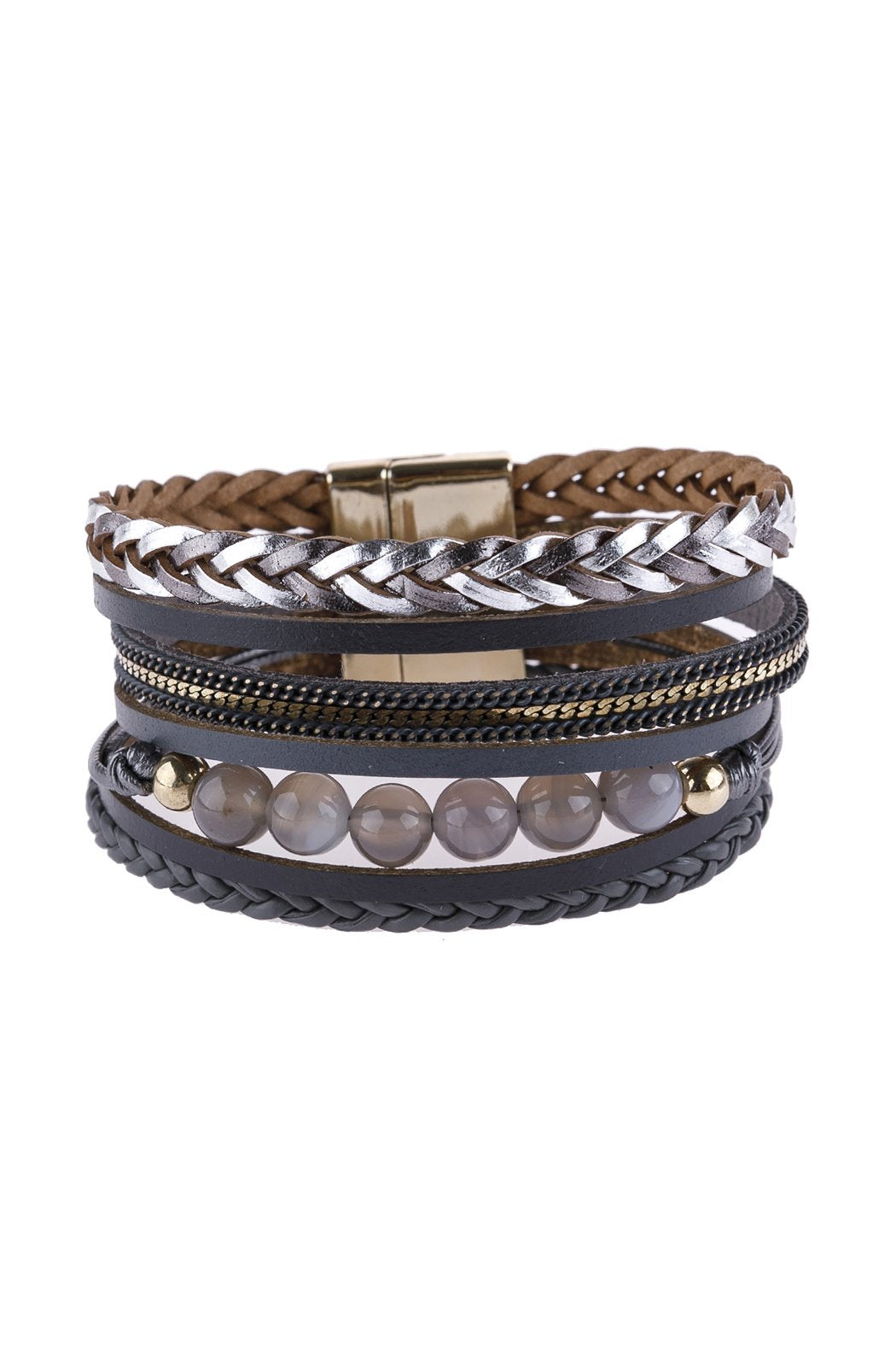 Riah Fashion - Leather Braided Beads Wrap Magnetic Bracelet - 9 COLORS -