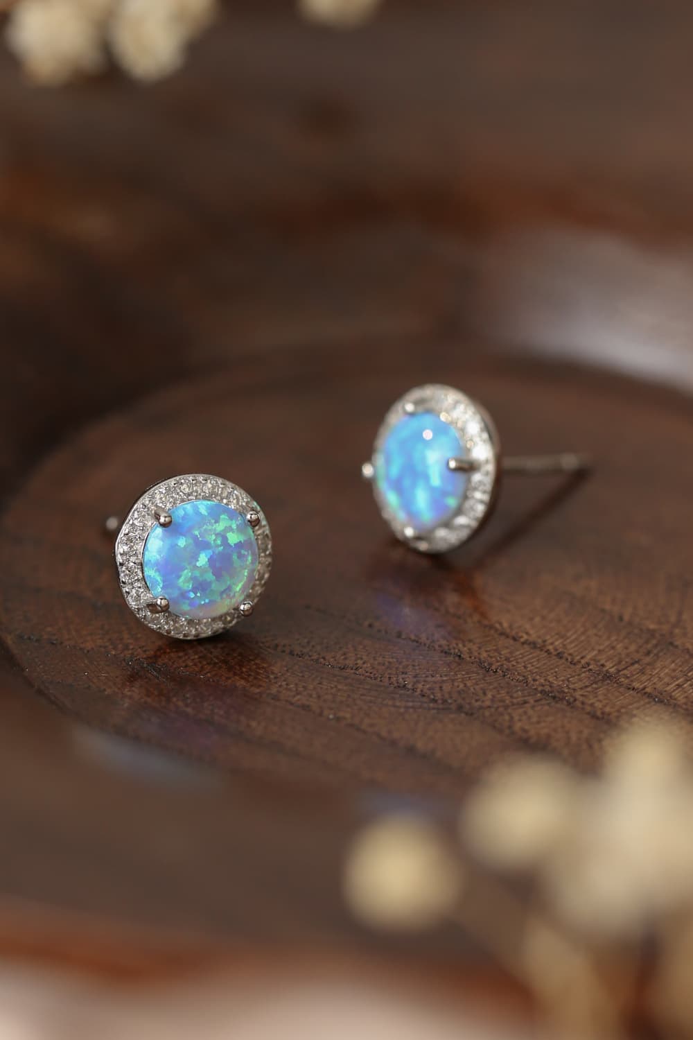 925 Sterling Silver Platinum-Plated Opal Round Stud Earrings - T - 2 COLORS -