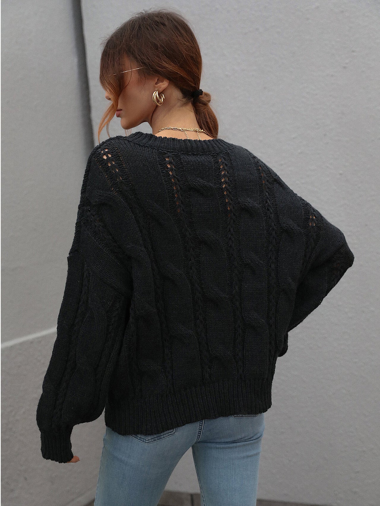 Woven Right Cable-Knit Openwork Round Neck Sweater - T - 6 COLORS -