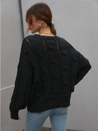 Thumbnail for Woven Right Cable-Knit Openwork Round Neck Sweater - T - 6 COLORS -