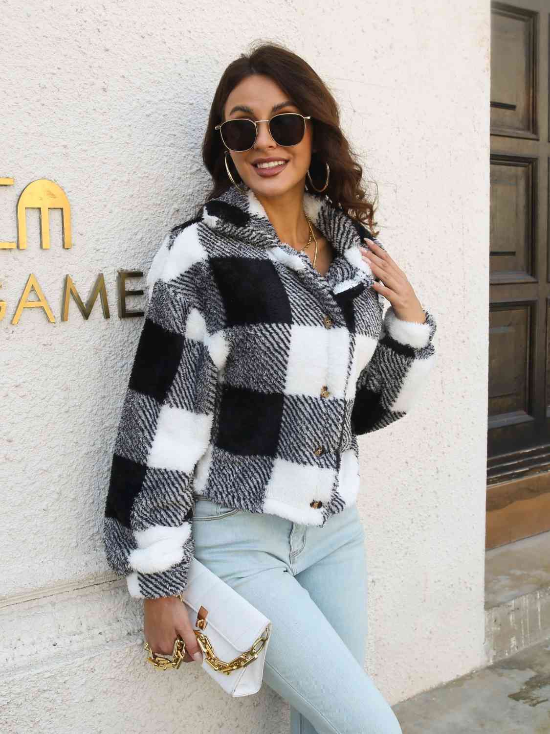 Plaid Dropped Shoulder Buttoned Jacket - T - 4 COLORS -