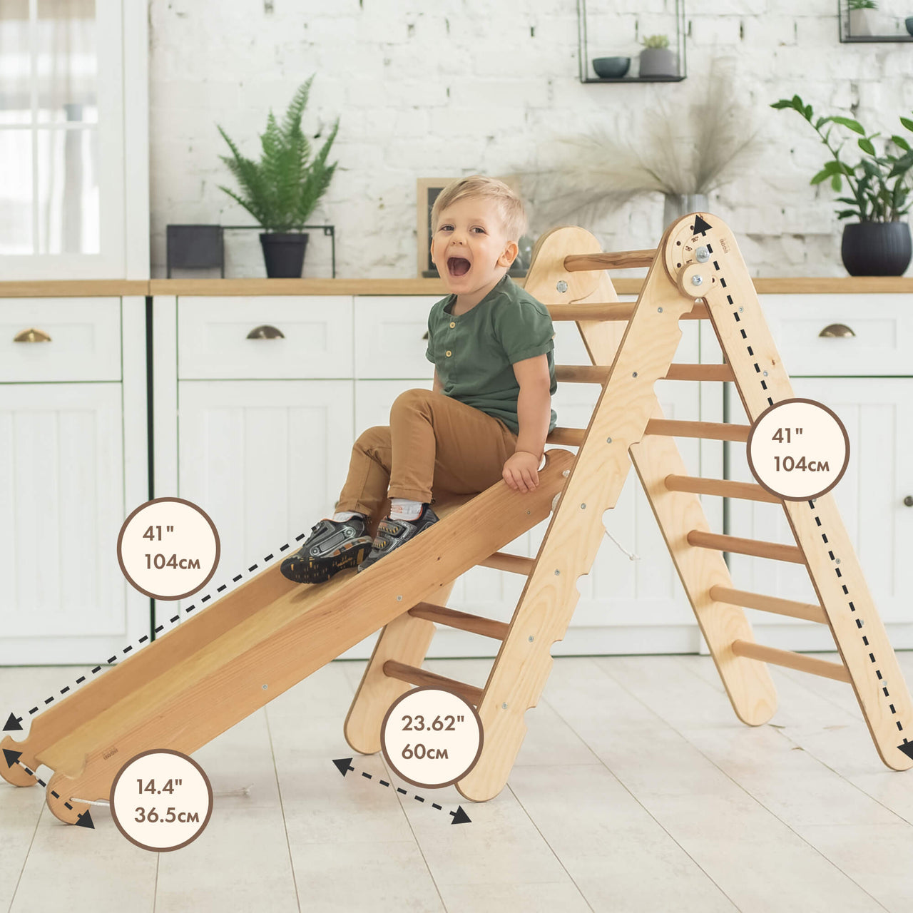 2in1 Montessori Climbing Frame Set: Triangle Ladder + Slide Board/Ramp – Chocolate