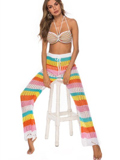 Cutout Contrast High Waist Beach Pants - T - 1 MULTICOLOR -