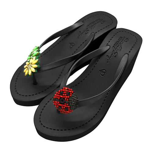 SAND BY SAYA N.Y. - Ladybug & Daisy - Red and Yellow Embellished Motifs Women's High Wedge Flip Flops Sandal - 3 COLORS -