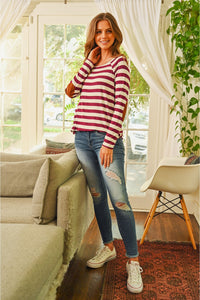 Thumbnail for Riah Fashion - Elbow Suede Patch Striped Tunic - 6 COLORS -