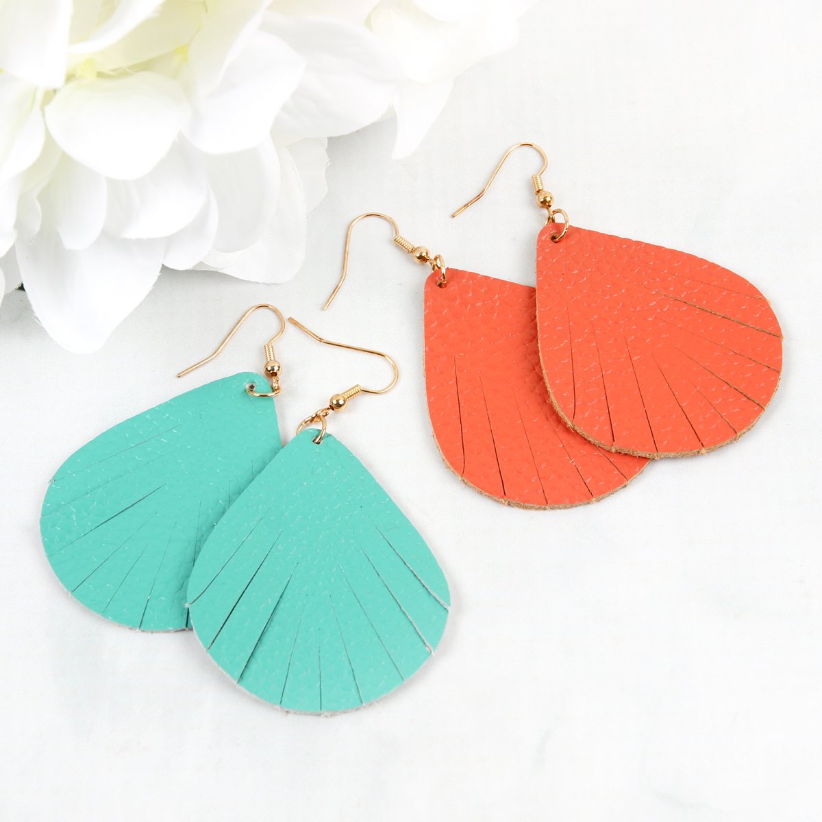 Fringed Pear Shaped Leather Earrings - 10 COLORS