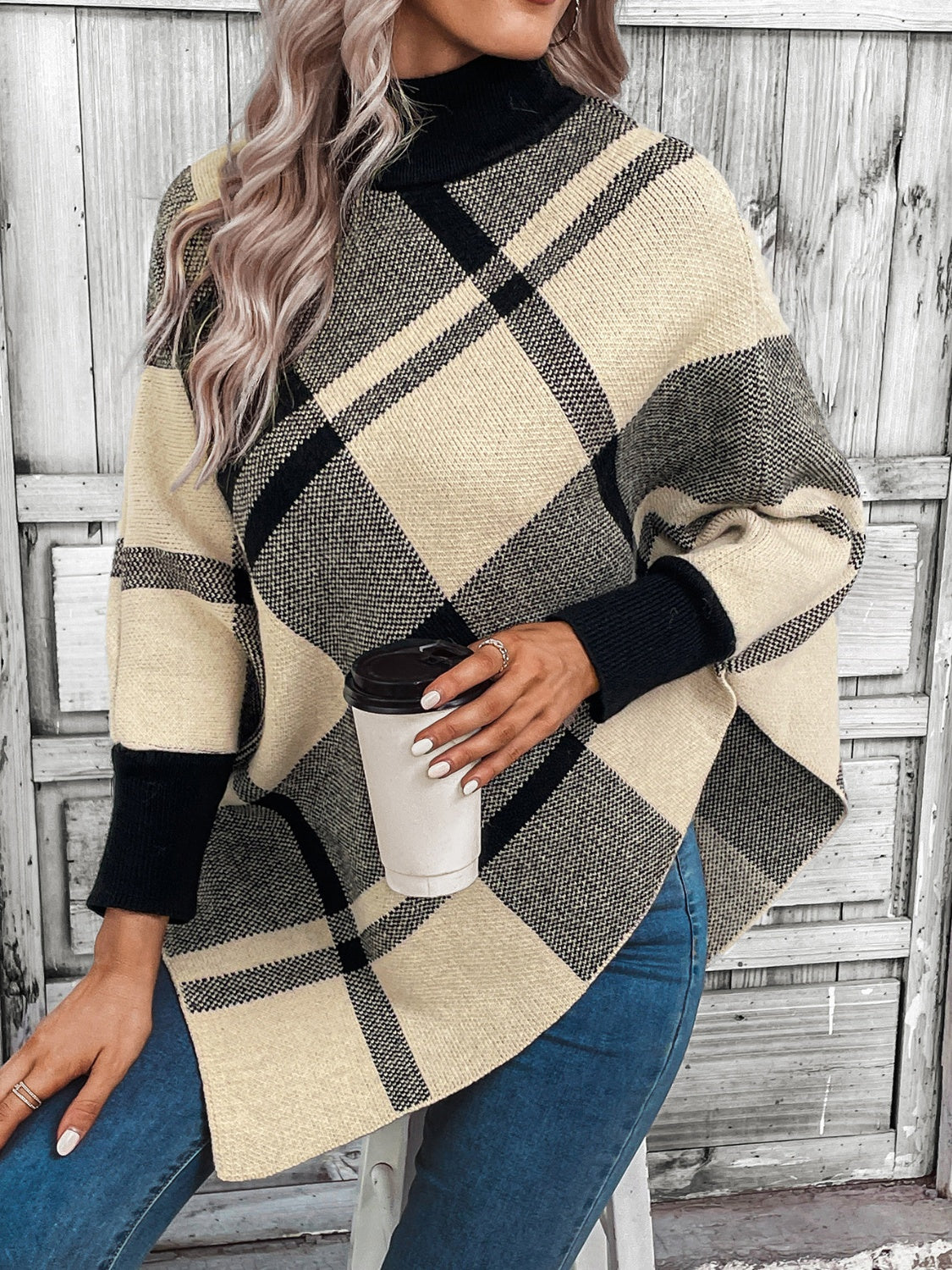 Plaid Turtleneck Poncho - T - 1 COLOR -