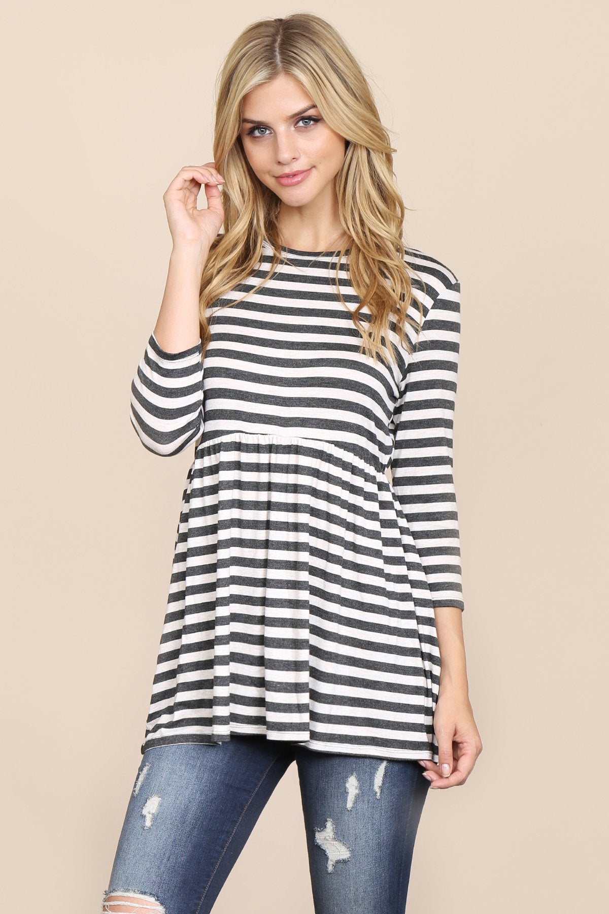 Riah Fashion - Quarter Sleeve Babydoll Striped Tunic - 7 COLORS -