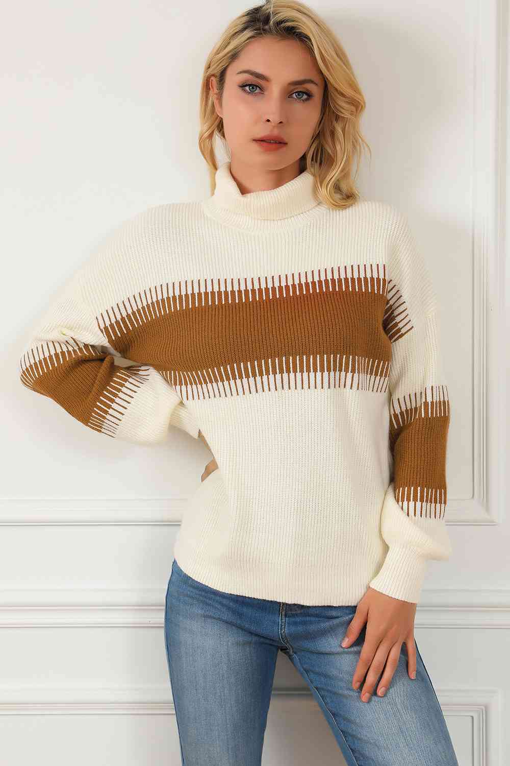 Contrast Turtleneck Long Sleeve Sweater - T - 1 COLOR -