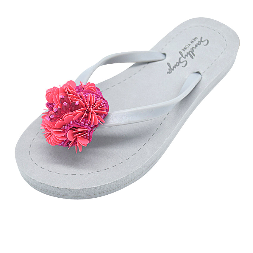 SAND BY SAYA N.Y. - Pink Noho Flower- Embroidered Flat Flip Flops Sandal - 5 COLORS -