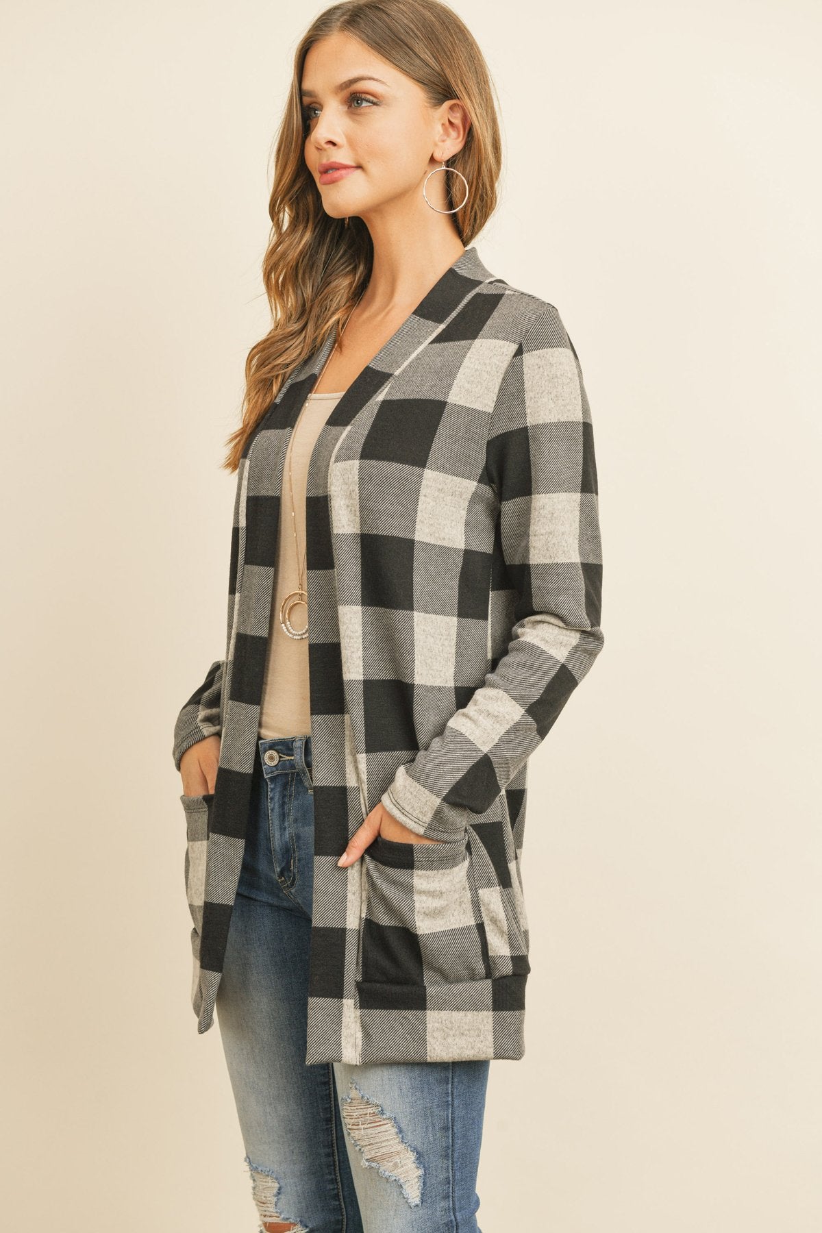 Riah Fashion - Plaid Long Sleeved Front Pocket Open Cardigan - 3 COLORS -