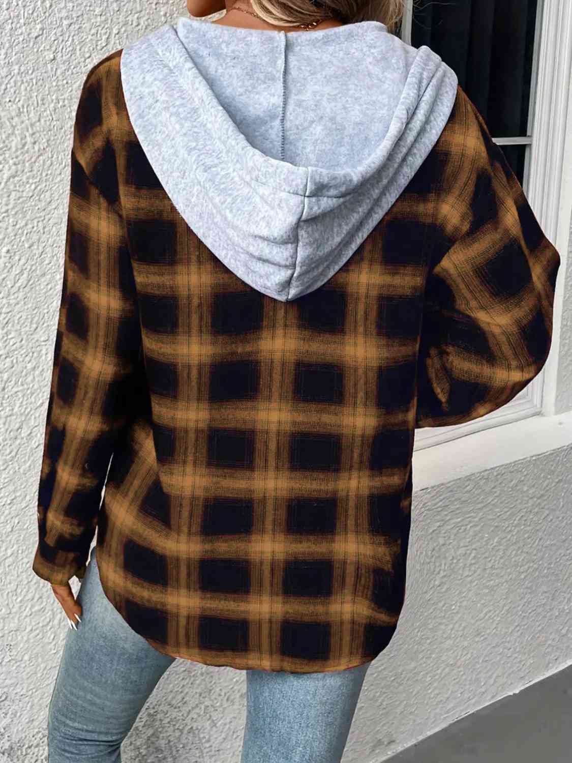 Plaid Drawstring Button Up Hooded Shirt - T - 5 COLORS -