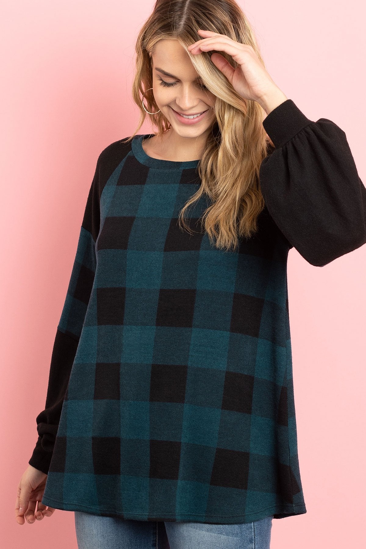 Riah Fashion - Solid Contrast Puff Sleeves Plaid Top - 3 COLORS -